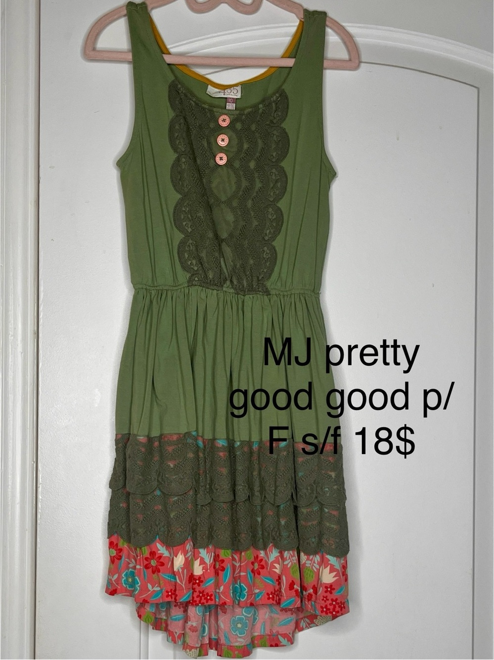 Matilda Jane Olive Green Lace-Front Sleeveless Dress with Floral Hem